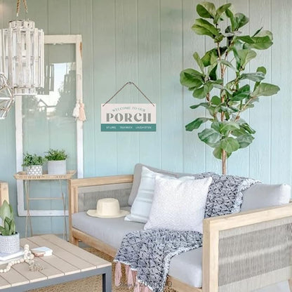 Welcome to Our Porch Sit Long Talk Much Laugh Often Wood Sign Farmhouse Patio Wooden Hanging Sign Plaque Retro Wall Art Decor for Home Decoration 5 x 10 Inches
