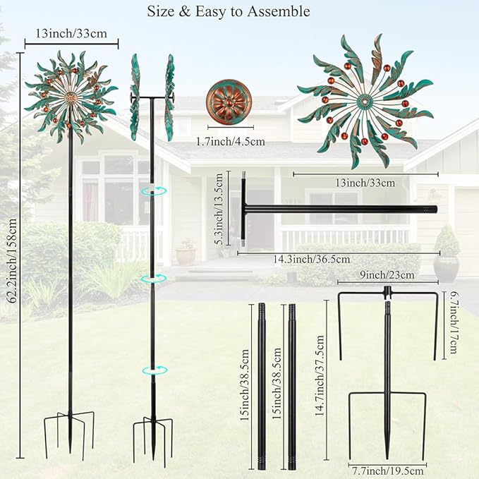 DREAMSOUL 13" Dia Wind Spinners Outdoor with Stake Kinetic Metal Wind Spinner with Red Crystal Accents, Teal Copper Windmill for Yard Garden Decor