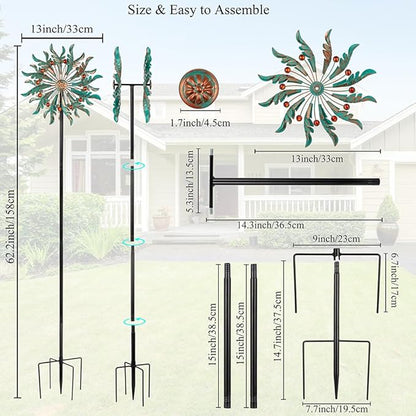DREAMSOUL 13" Dia Wind Spinners Outdoor with Stake Kinetic Metal Wind Spinner with Red Crystal Accents, Teal Copper Windmill for Yard Garden Decor