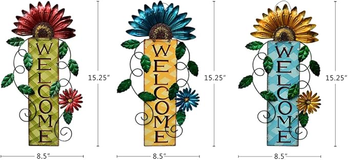 Metal Welcome Sign Hanging Flower Signs Wreath Decor - Rustic Decorative Door Hanger Indoor Outdoor Spring Decoration for Front Door Porch Wall (Set)