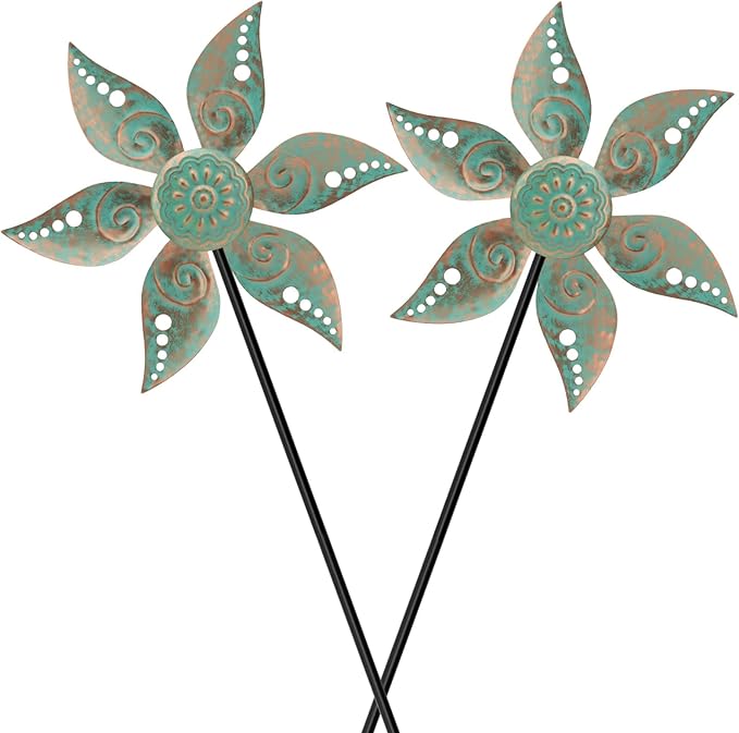2 Pack Wind Spinners Outdoor Clearance Metal Vintage Green,Wind Sculpture Small Iron Windmill is Decorative Garden Stakes for Patio Lawn Outdoor Yard Lawn Garden Decor