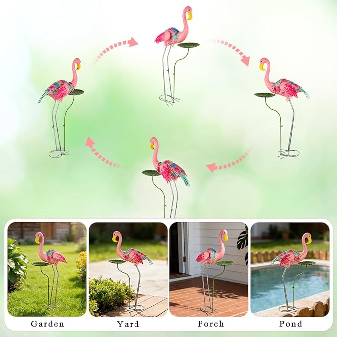 Large Flamingo Garden Statue, Metal Pink Flamingo Outoor Statue with Leaf Tray, Lawn Flamingos Ornaments Bird Art Yard Decor for Garden, Backyard, Present for Woman(38.58 Inch Tall)