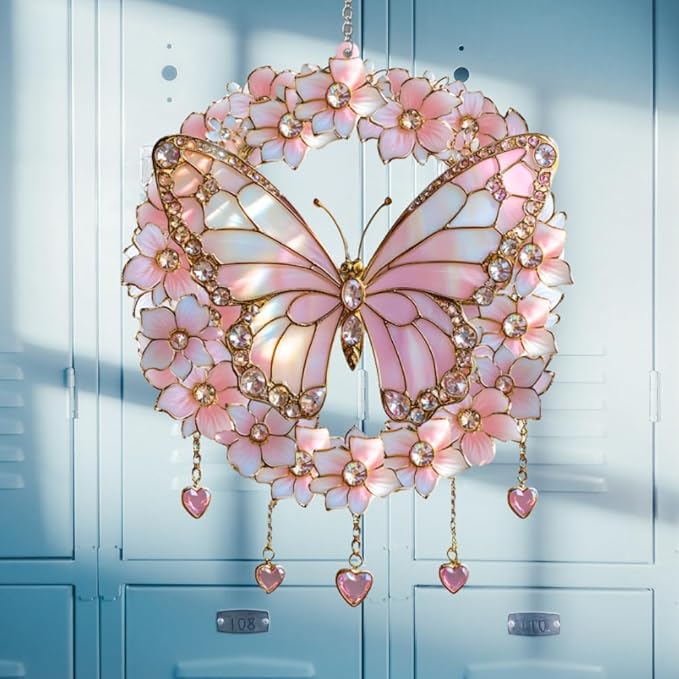 Butterfly Flower Wreath Acrylic Suncatcher, Flower Suncatchers for Window Hangings, Stained Glass Effect Garden Decor, Gift for Mother's Day, Mom, Grandma, Wife, Women