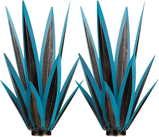 2PCS Large Tequila Rustic Sculpture, Wind Resistant Metal Agave Plants Garden Art for Outdoor Home Decor, DIY Hand Painted Metal Agave Yard Sculpture Statue Garden Lawn Ornament Gift (2, Blue)