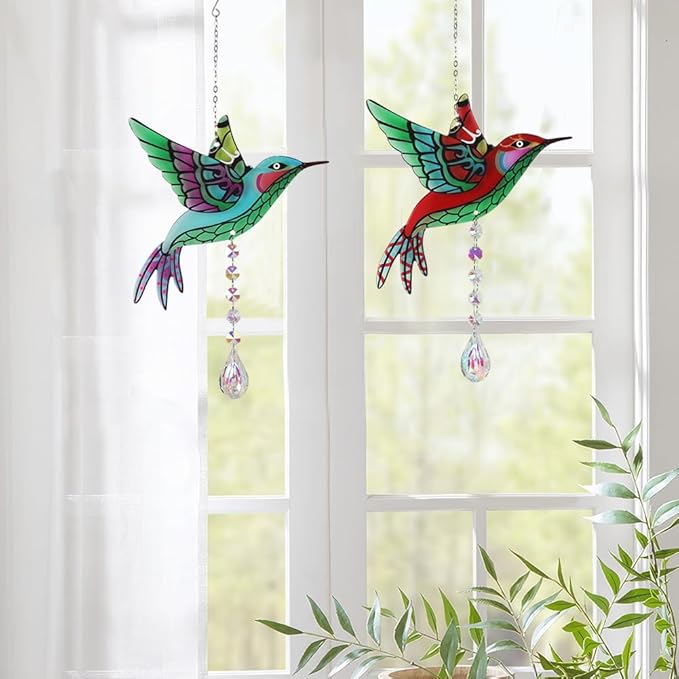 Hummingbird Suncatchers,Stained Glass Window Hanging Ornament,Rainbow Maker Crystal Garden Suncatcher for Outdoor Home Indoor Yard Decoration