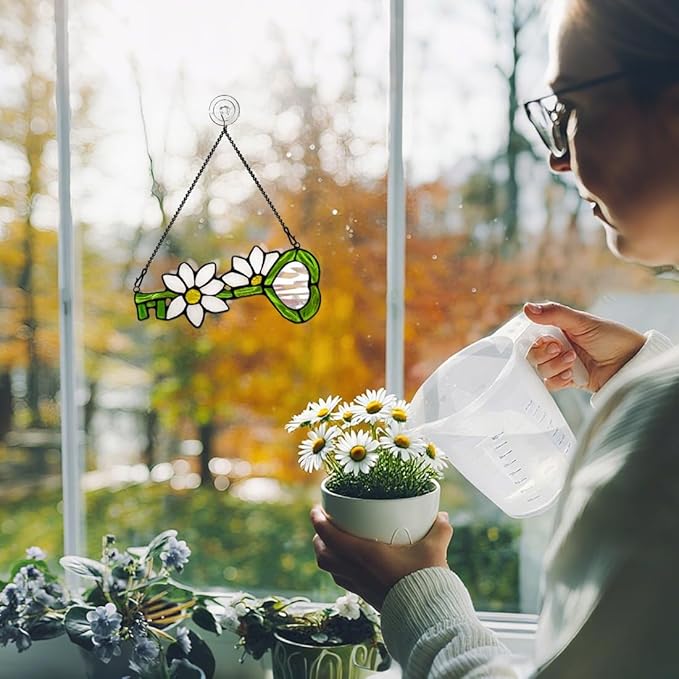 Key Decor Stained Glass Suncatcher White Flower Ornament,Artificial Floral Glass Suncatcher,Stained Glass Window Hanging Daisy Flower Gift for Women Mom Grandma