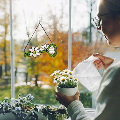Key Decor Stained Glass Suncatcher White Flower Ornament,Artificial Floral Glass Suncatcher,Stained Glass Window Hanging Daisy Flower Gift for Women Mom Grandma
