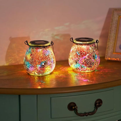 Stargarden 2 Pack Mosaic Solar Lantern ,Outdoor Hanging Waterproof Mosaic Light Solar Table Lamp for Garden ,Patio,Yard Decor (Red)