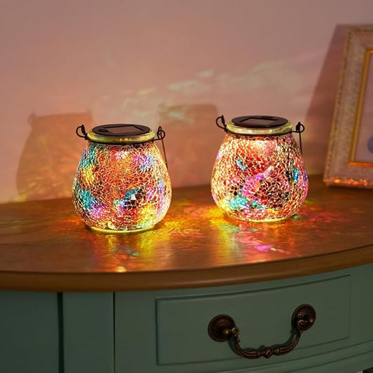 Stargarden 2 Pack Mosaic Solar Lantern ,Outdoor Hanging Waterproof Mosaic Light Solar Table Lamp for Garden ,Patio,Yard Decor (Red)