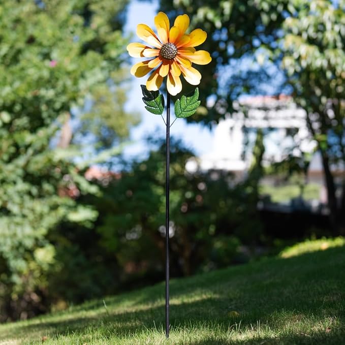 DREAMSOUL Sunflower Wind Spinners Outdoor, 13 Inch Dia Metal Wind Spinner with Stake, Kinetic Decorative Flower Spinner Lawn Garden Decor (57 * 13 Inches)
