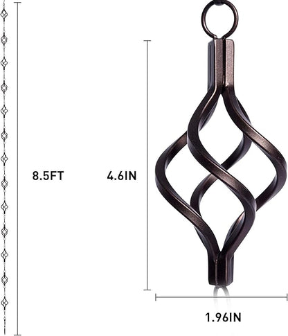 Rain Chain Bird Cage Set 8.5Ft, Not Rust Wrought Iron Rain Chains for Gutters with Adapter Gotta Drain and Sturdy Anchoring Stake,13 Cups, 1 Hook, Adjustable Length for Garden Decorative (Coffee)