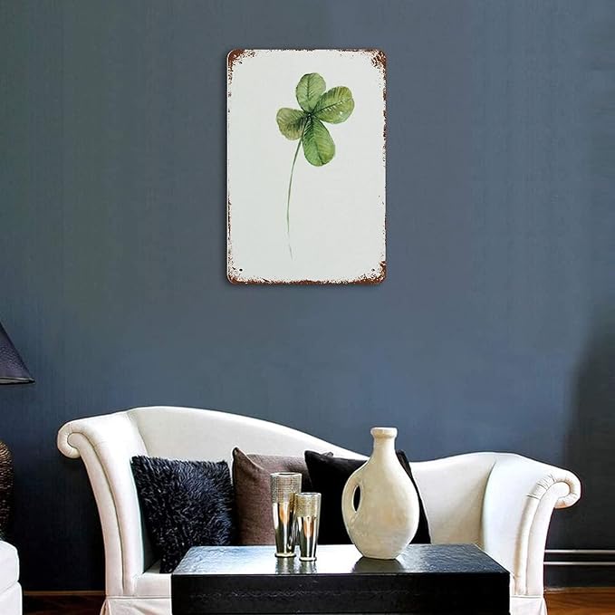 Antique Metal Tin Sign Four Leaf Clover Art Decor Good Luck Charm Decor Green Nature Wildlife Watercolor Aluminum Metal Sign Meadow Flower Modern Floral Garden Home Decor 8x5.5 Inch