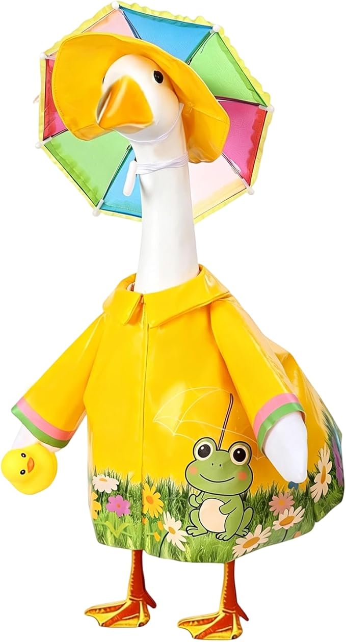 GJL Porch Goose Raincoat Outfit Fits 23 Inch Plastic Cement Goose Statue, Lawn Goose Clothes Set with Umbrella and Hat for Spring Summer Outdoor Yard Garden Decor