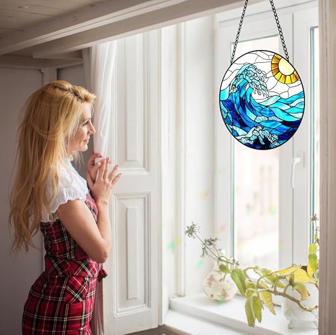 Sea Waves Sun Catchers Indoor Window - Ocean Suncatcher Stained Glass Window Hanging - 8″ Handmade Suncatchers for Windows Hanging - Home & Garden Decor Birthday Gifts for Women Men Mom Beach Lovers