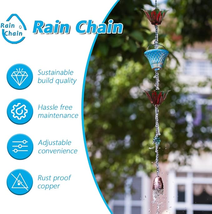 10FT Rain Chains for Outside, Rain Gutter Chain with 8 Cups & Lotus Decor, Adjustable Rain Catcher Chain for Eaves Drainage, Replacement for Downspout
