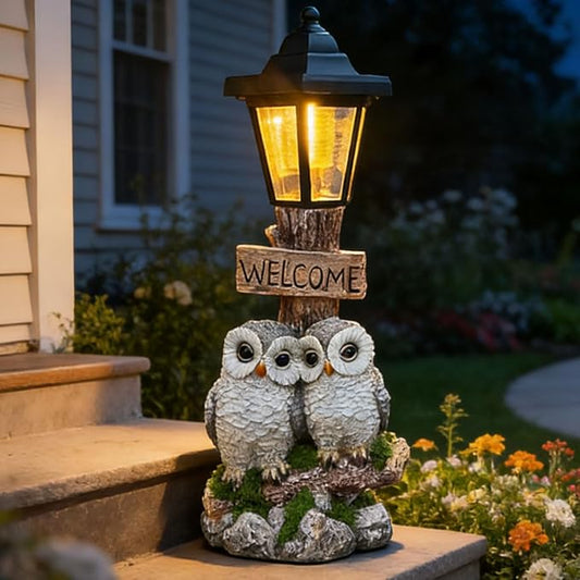 Outdoor Garden Owl Statue with Solar Lights, Owl Figure with Welcoming Sign, for Outdoor Landscapes, Courtyards, Paths, Outside Patio Lawn Decor, Gifts for Women, Owl Lovers