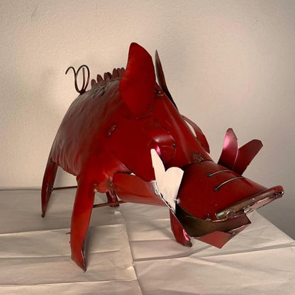 Arkansas Red Metal Hog/Pig Sculpture - Garden Decor (Medium - 22x7x13)