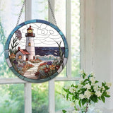 Lighthouse Stained Window Hangings with Chain– Acrylic Round Ornament for Garden, Patio and Indoor Decor, Housewarming Gift for Mom, Grandma