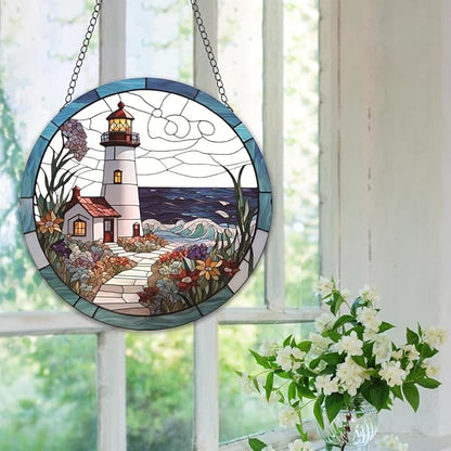 Lighthouse Stained Window Hangings with Chain– Acrylic Round Ornament for Garden, Patio and Indoor Decor, Housewarming Gift for Mom, Grandma