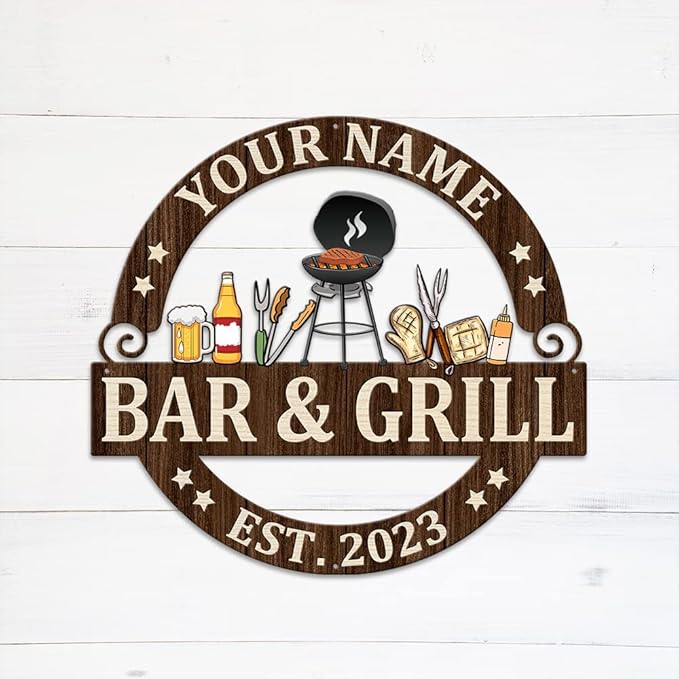 MeMate Bar & Grill Sign - Personalized Outdoor Decor for Backyard, Patio, Pool, Porch, Deck, BBQ - Large Metal Sign for Outside - Housewarming Gifts