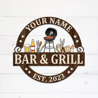 MeMate Bar & Grill Sign - Personalized Outdoor Decor for Backyard, Patio, Pool, Porch, Deck, BBQ - Large Metal Sign for Outside - Housewarming Gifts