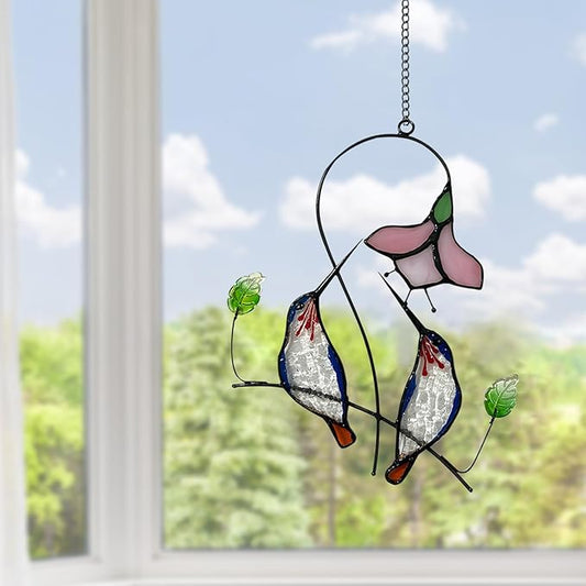1PC Colorful Hummingbird Glass Window Decor Hanging Ornament, Home Wall Garden Decor, Hummingbird Light Catcher, Bird Lover Favorite Gardening Ornament (Blue Bird)