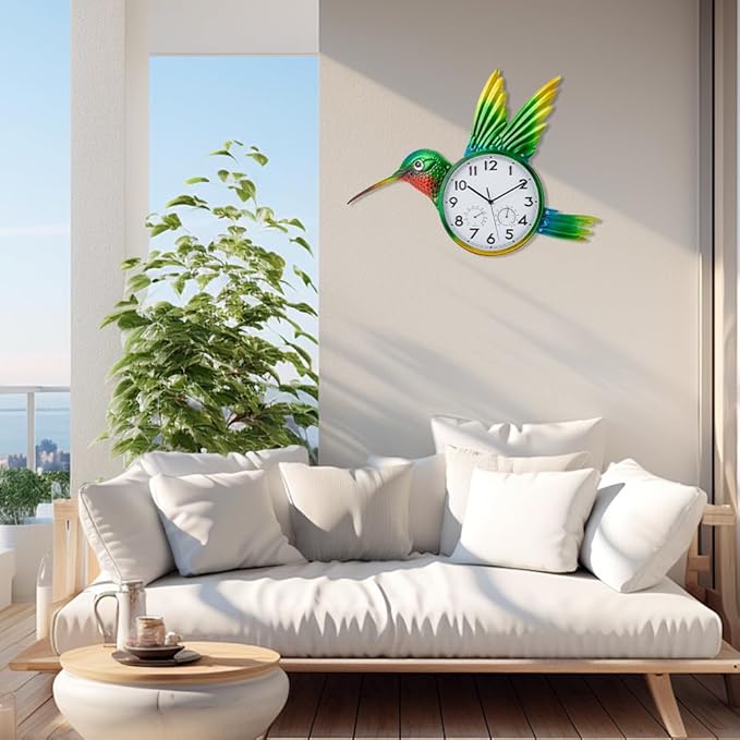 Large Outdoor Clock with Thermometer & Humidity - Silent Non-Ticking, Hummingbird Outdoor Wall Clock for Patio, Garden, Kitchen, Living Room(Green)