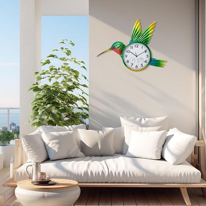 Large Outdoor Clock with Thermometer & Humidity - Silent Non-Ticking, Hummingbird Outdoor Wall Clock for Patio, Garden, Kitchen, Living Room(Green)