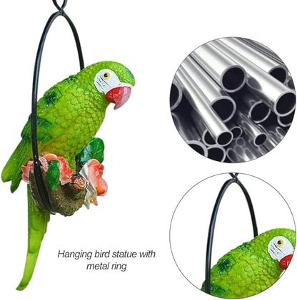 Hanging Parrot Garden Decor Resin Parrot Outdoor Decor Parrot on Perch Garden Sculpture Parrot Statue for Outdoor Garden Decorations Green Garden.