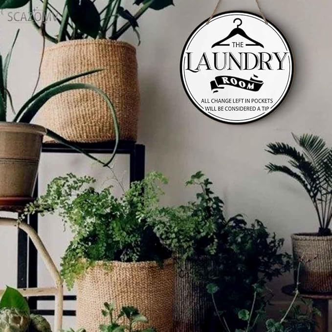 Laundry Room All Change Left In Pockets Will Be Considered A Tip White Round Rustic Wood Sign Plaque Vintage Wall Art Cute Wooden Hanging Sign Decor for Home Farmhouse Bathroom 12 Inch
