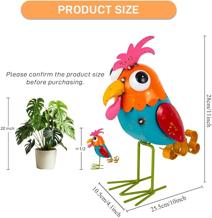 Metal Wacky Rooster Garden Statues, 11” Rooster Outdoor Decor Chicken Yard Art Sculptures Decoration for Home Outsiede Patio Lawn Backyard, Gift for Women Lovers Moms(Red & Blue)