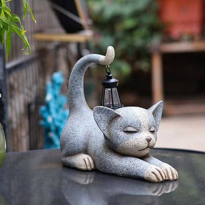 Solar Garden Statue, Cute Resin Animal Figurine with Solar Lantern Outdoor Decor for Patio Lawn Yard Pathway, Unique Housewarming Birthday Gift for Mom and Grandma (Cat)