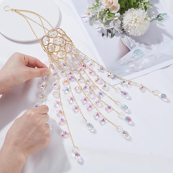 17.9In Crystal Wind Chimes Glass Crystal Suncatcher Prism Hanging Rainbow Maker Sun Catchers Octagonal Bead Chains Windchime for Window Hanging Ornaments Home Garden Decor Indoor Outdoor