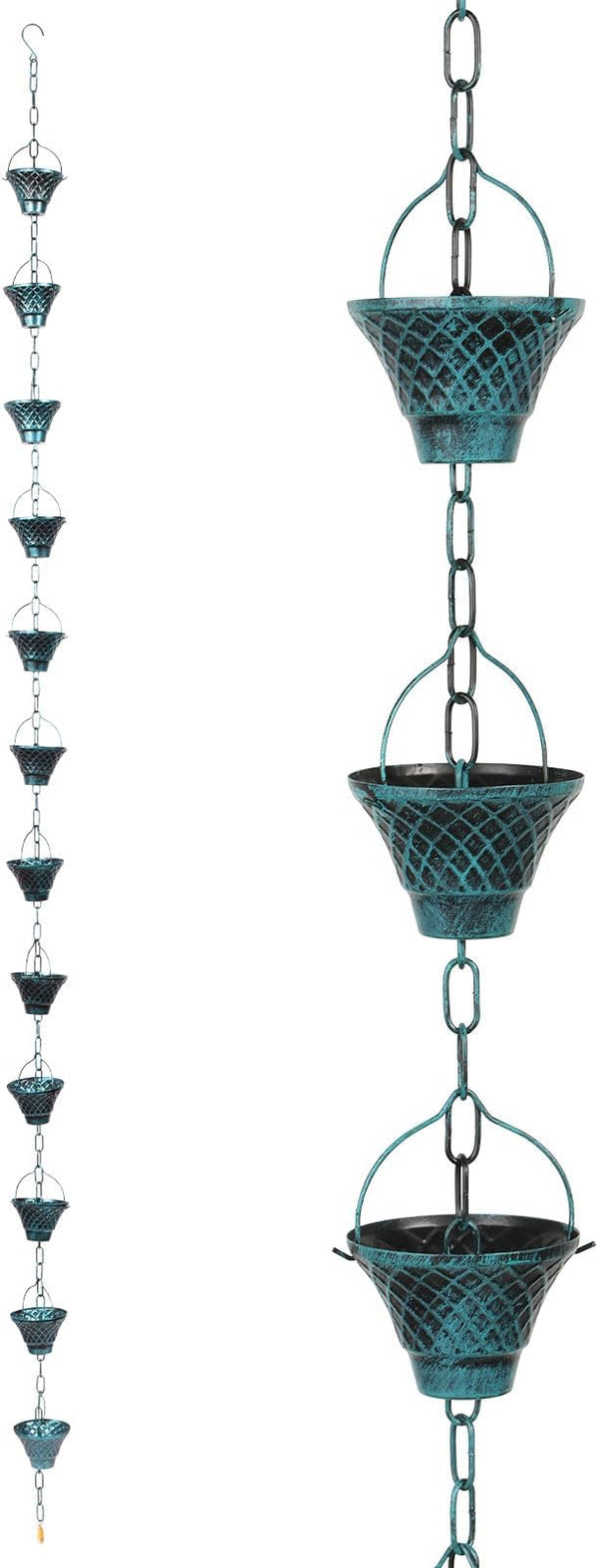 Rain Chains for Gutters, Outside Downspouts Metal Rain Catcher Diverter, 8.5 Ft Retro Rain Chains Decorative with Hook and 12 Metal Cups for Windowsill Garden Patio