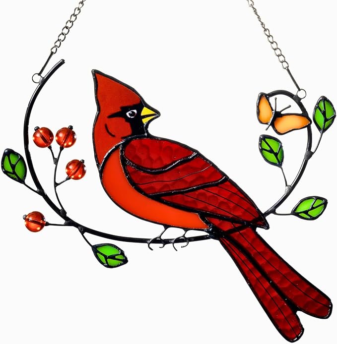 Glass Cardinal Bird Stained Glass Window Hanging Suncatcher Indoor Panel, Nautical Suncatcher Decor for Home, Wall, Garden, Coastal Ornament, Gift for Women and Mom