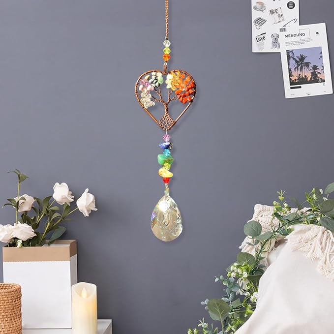 Suncatcher Window Hanging Tree of Life Heart Shaped Crystal Ball Prism Drop Ornament with Rainbow Maker Pendant for Garden Home Decor Indoor Outdoor Windows 7in