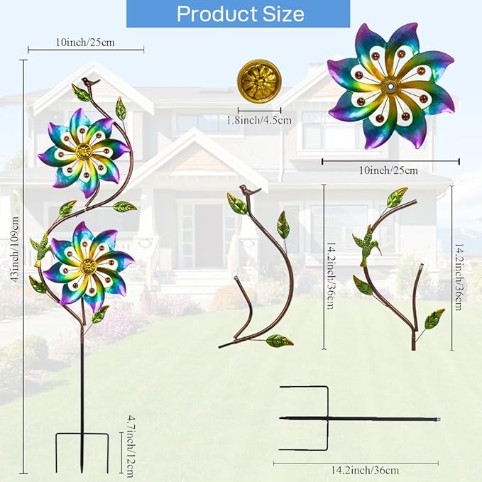VEWOGARDEN Flower Wind Spinners Outdoor Garden Metal Stake Wind Sculptures & Spinners for Patio Yard Lawn Art Decorations, Colorful