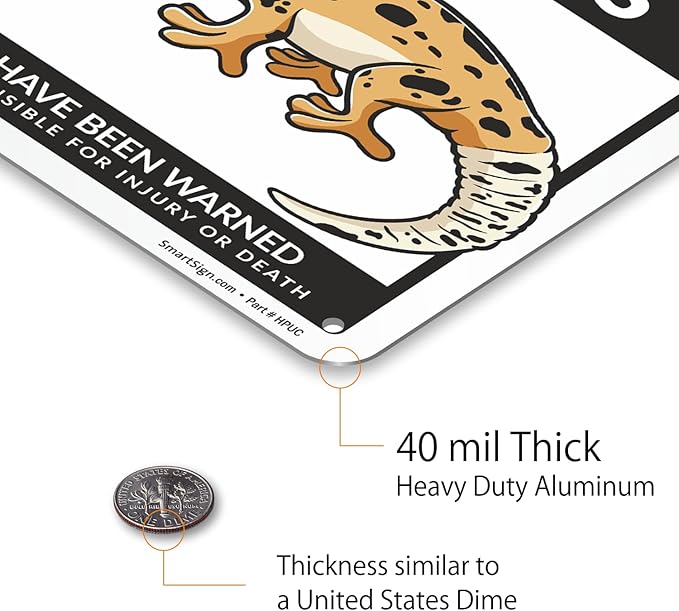 SmartSign Funny Beware Of Leopard Geckos Warning Sign - 10"x7", 40 mil Laminated Rust-free Aluminum - Metal Signs for Wall Decor, Bathroom, Outdoors, Patio, Gifts, Cafe - Geckos Theme, Made in USA