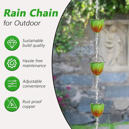 Rain Chains for Outside, 10FT Rain Water Chain with 12 Lily Cups, Adjustable Rain Gutter Chain with Bell for Eaves Drainage, Replacement for Downspout