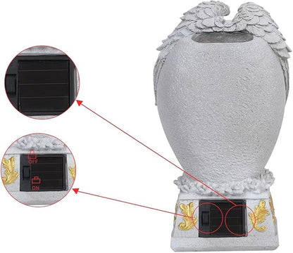 Angel Garden Statue Outdoor Decor, Cemetery Vase with LED, Family Garden Memorial Statue, Crying Angel (White) with Solar Lights