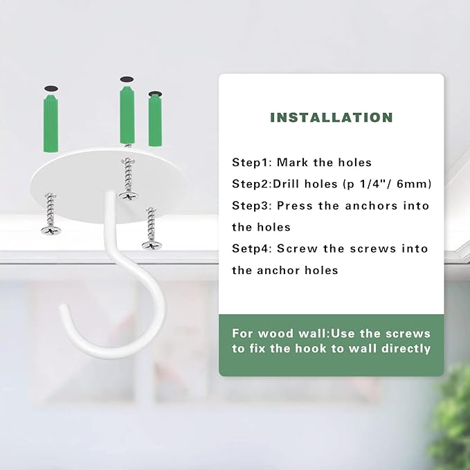 Ceiling Hooks for Hanging Plants, Metal Plant Hooks Wall Mount Hangers for Hanging Plants, Bird Feeders, Wind Chimes, Lanterns, Planters - Outdoor Decoration Hooks (3 Pack) (White)