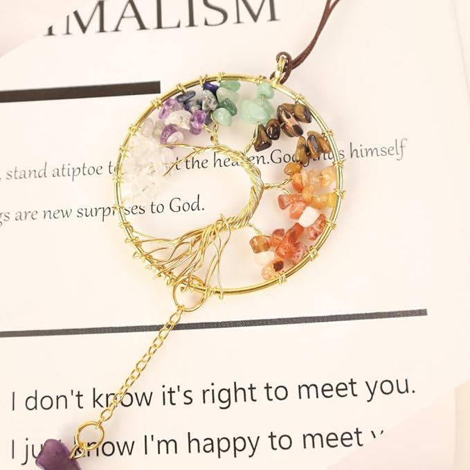 Handmade 7 Chakra Tree of Life Crystal Suncatcher, Sun Catcher Hanging for Car, Windows, Spiritual, Rainbow Maker, Butterfly Indoor Garden Home Decor
