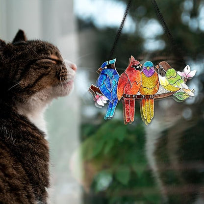 Stained Glass Window Hanging - Double-Sided 4 Birds on Branch Suncatcher, Vibrant Multicolor Glass Panel Art for Windows, Home Wall Decor, Indoor Outdoor Hanging Ornament for Bird Enthusiasts