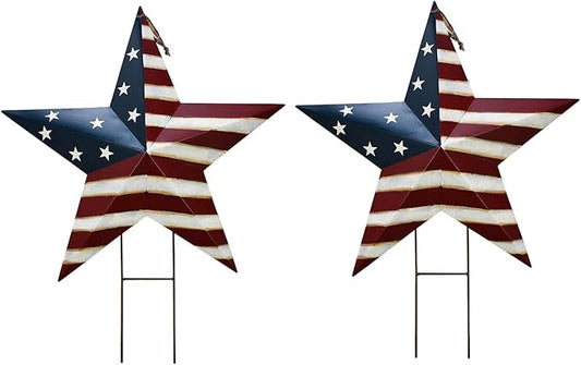 Metal Star Barn Yard Sign Garden Stake Decor for 4th of July, American Flag Patriotic Star Yard Stake Lawn Ornament Independence Day Memorial Day Outdoor Decorations (2, 27.5"H A)