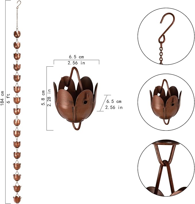 6ft Rain Chain for Gutters Durable Antique Copper Rain Chains for Outside with 17 Large Lotus Cups Decorative Rain Catcher Chain Downspout Replacement for Outdoor Drainage & Eaves
