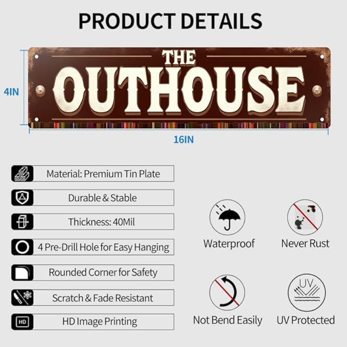 Vintage OutHouse Tin Sign 16x4 Inch Outhouse Design - Great for Backyard, Patio, Outdoor Rural Decor