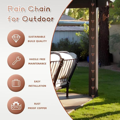 dreamysoul Copper Rain Chains for Outside, 10.43FT with 12 Cups Rain Catcher Chains for Downspout Gutters, Eaves Drainage