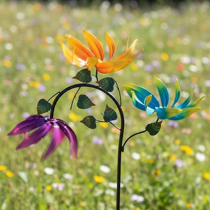 24" Large Wind Spinner Outdoor - Heavy Duty Multi Colored Flowers Wind Sculpture with Metal Stake, Three Flower Design Pinwheels for Yard and Garden Decor