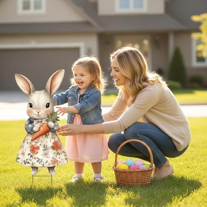 2 Pcs Easter Metal Vintage Bunny Yard Signs, Retro Bunny Couple Easter Decorations Outdoor, Farmhouse Rustic Rabbit Hanging Wall Decor with Carrot Eggs for Home Family Outside Spring Patio