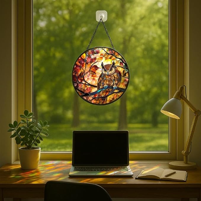 Stained Glass Window Hanging - Autumn Leaves and Perched Owl Sun Catchers Indoor Stained Glass Panels Wall Decor for Mom Wife Lovers Festive